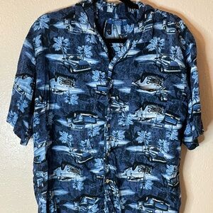 Vintage Puritan Hawaiian Shirt Men‎ L Navy Palm Trees Classic Trucks Aloha Rayon